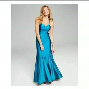 BLONDIE NITES Teal Pleated Strappy Billowy Hem Spaghetti Strap Sweetheart Neck